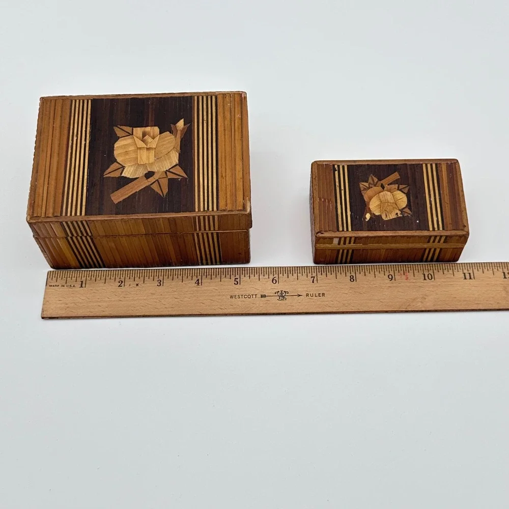 Vintage Trinket Box Set 2pc Straw Marquetry Rose Floral Brown Wood Jewelry Case